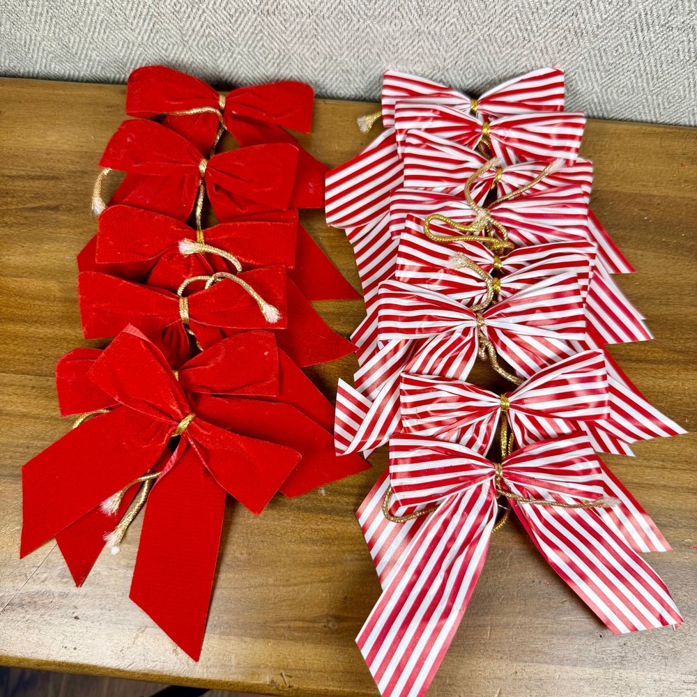 Vintage Christmas Bows Set 15 Red Velvet Striped Gold Cord Holiday Decor Accents